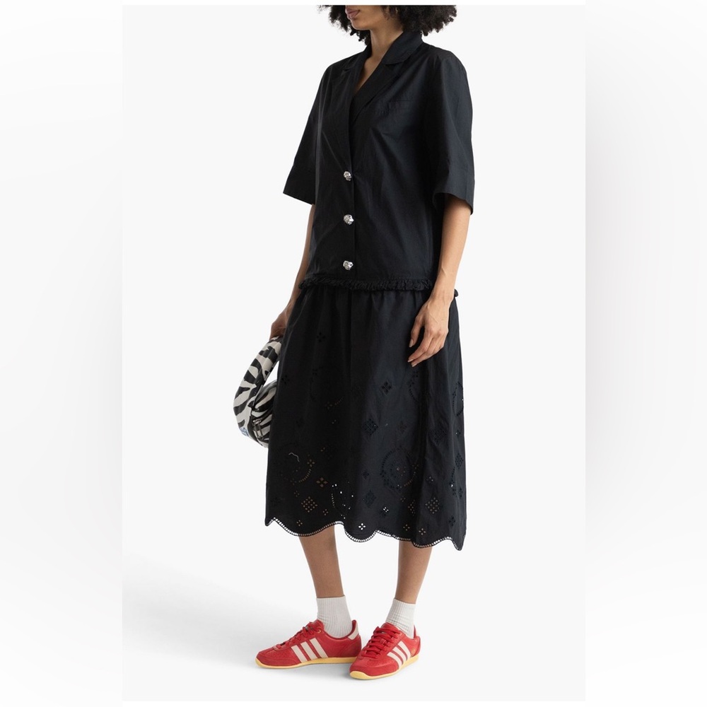 NWOT Ganni Gathered Broderie Anglaise Cotton-poplin black midi dress Sz 6/DE 36